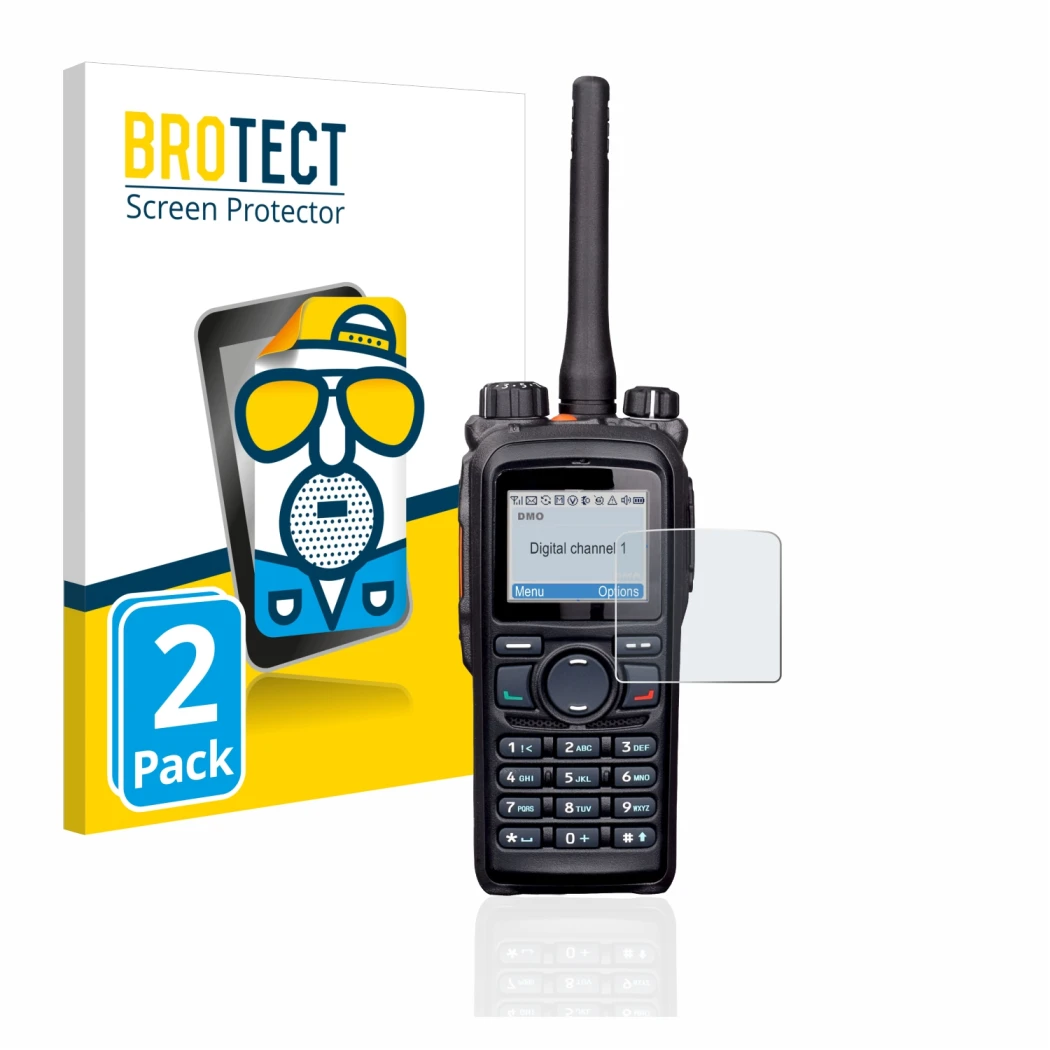 Face avant d’un emballage produit avec le logo de la marque BROTECT. À côté, l’appareil Hytera PD785 est représenté avec la pr