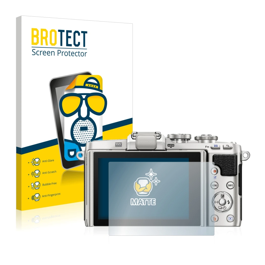 Face avant d’un emballage produit avec le logo de la marque BROTECT. À côté, l’appareil Olympus PEN E-PL7 est représenté avec