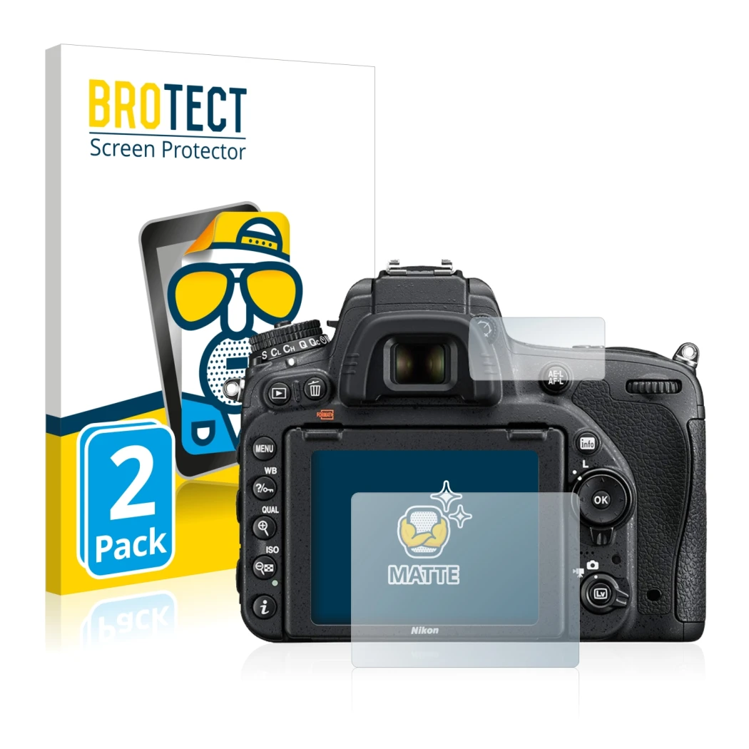 Face avant d’un emballage produit avec le logo de la marque BROTECT. À côté, l’appareil Nikon D750 est représenté avec la prot