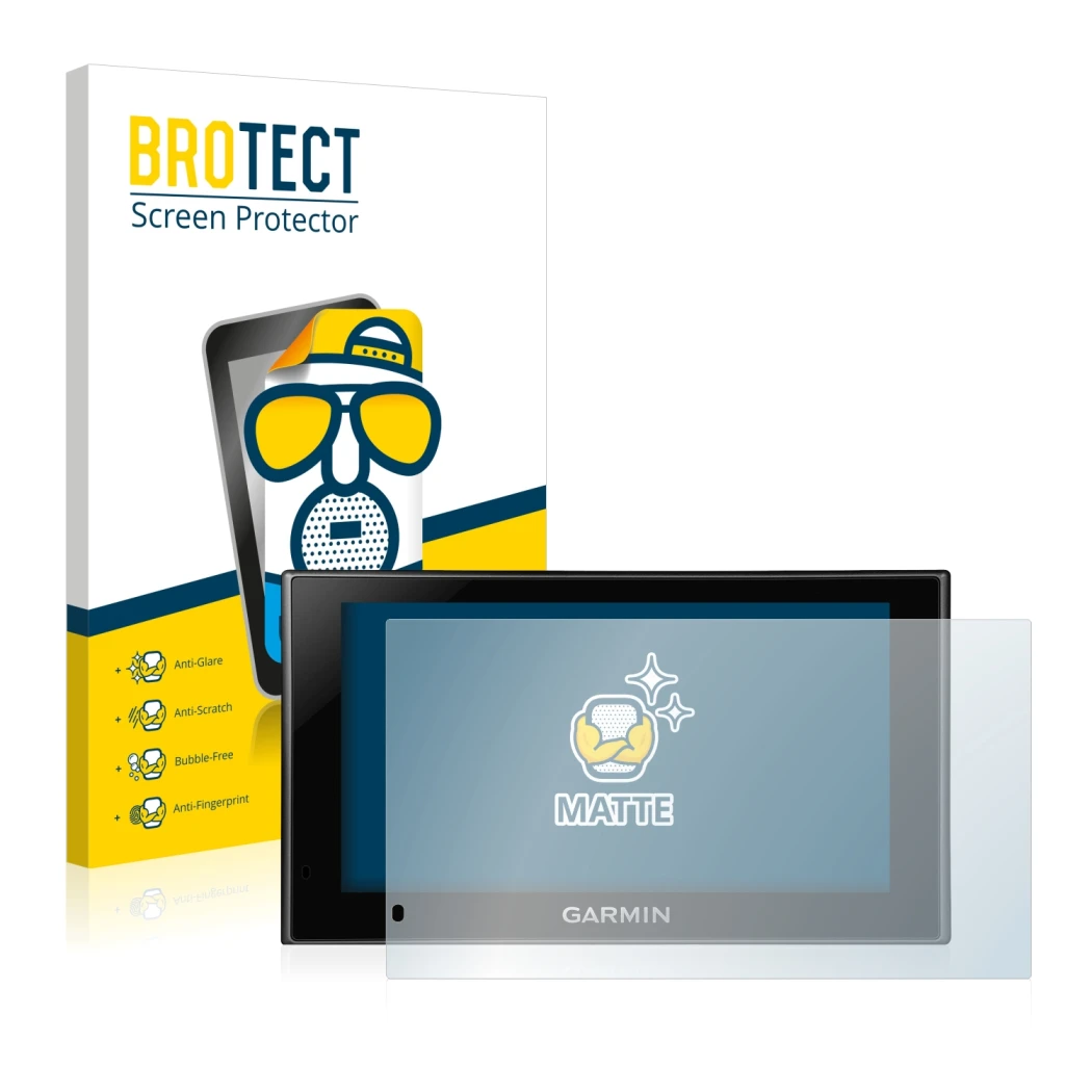 Face avant d’un emballage produit avec le logo de la marque BROTECT. À côté, l’appareil Garmin nüvi 2599LMT-D est représenté a