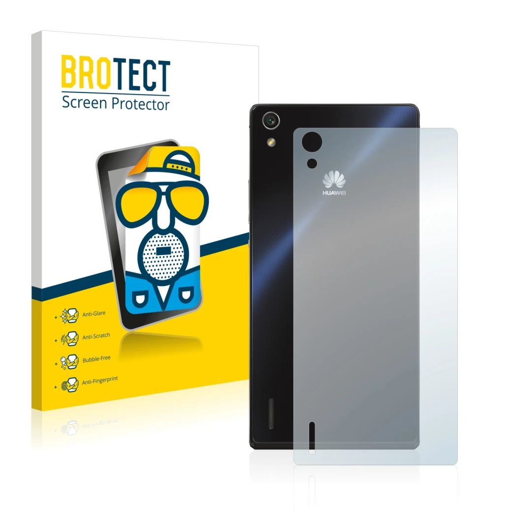 Face avant d’un emballage produit avec le logo de la marque BROTECT. À côté, l’appareil Huawei Ascend P7 (Arrière) est représe