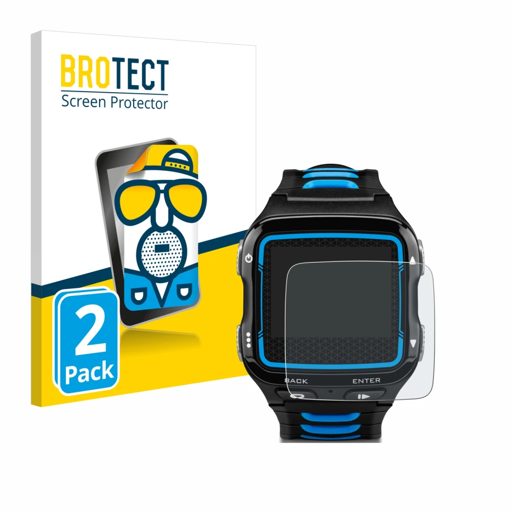 Face avant d’un emballage produit avec le logo de la marque BROTECT. À côté, l’appareil Garmin Forerunner 920XT est représenté