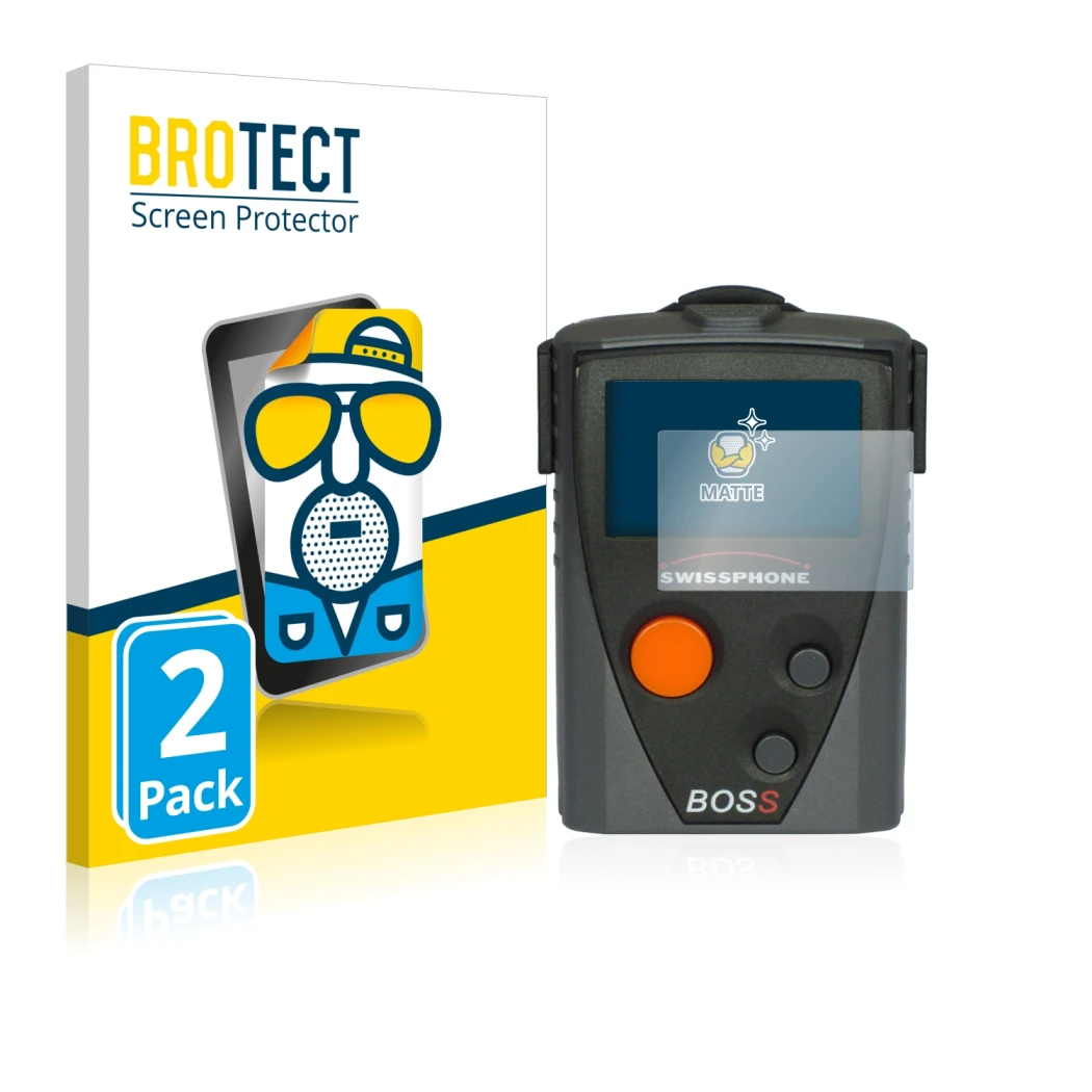 Face avant d’un emballage produit avec le logo de la marque BROTECT. À côté, l’appareil Swissphone Boss 910 est représenté ave