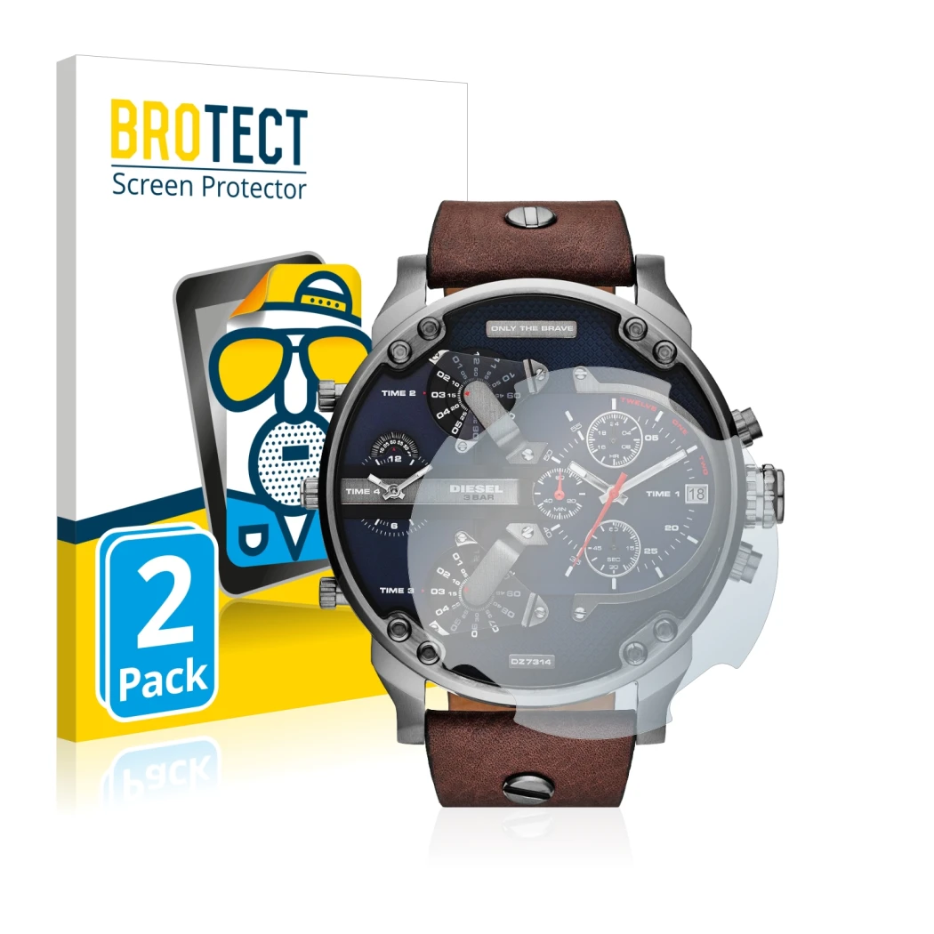 Face avant d’un emballage produit avec le logo de la marque BROTECT. À côté, l’appareil Diesel DZ7314 Mr. Daddy est représenté