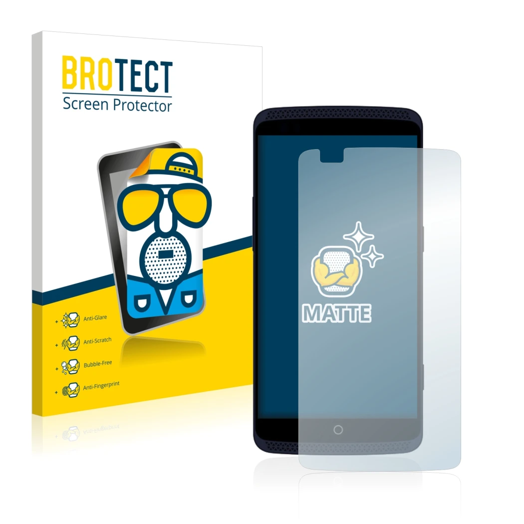 Face avant d’un emballage produit avec le logo de la marque BROTECT. À côté, l’appareil ZTE Axon Elite est représenté avec la