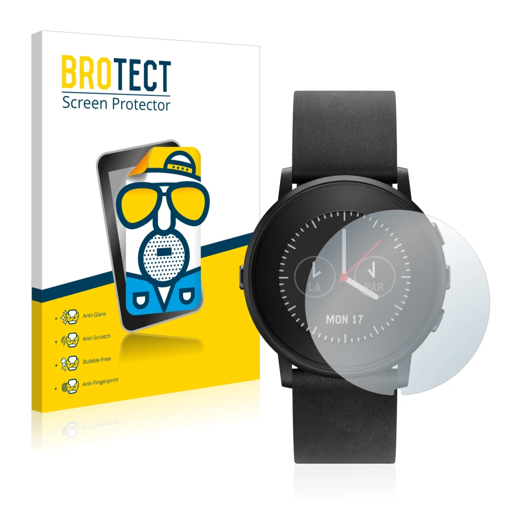 Face avant d’un emballage produit avec le logo de la marque BROTECT. À côté, l’appareil Pebble Time Round est représenté avec