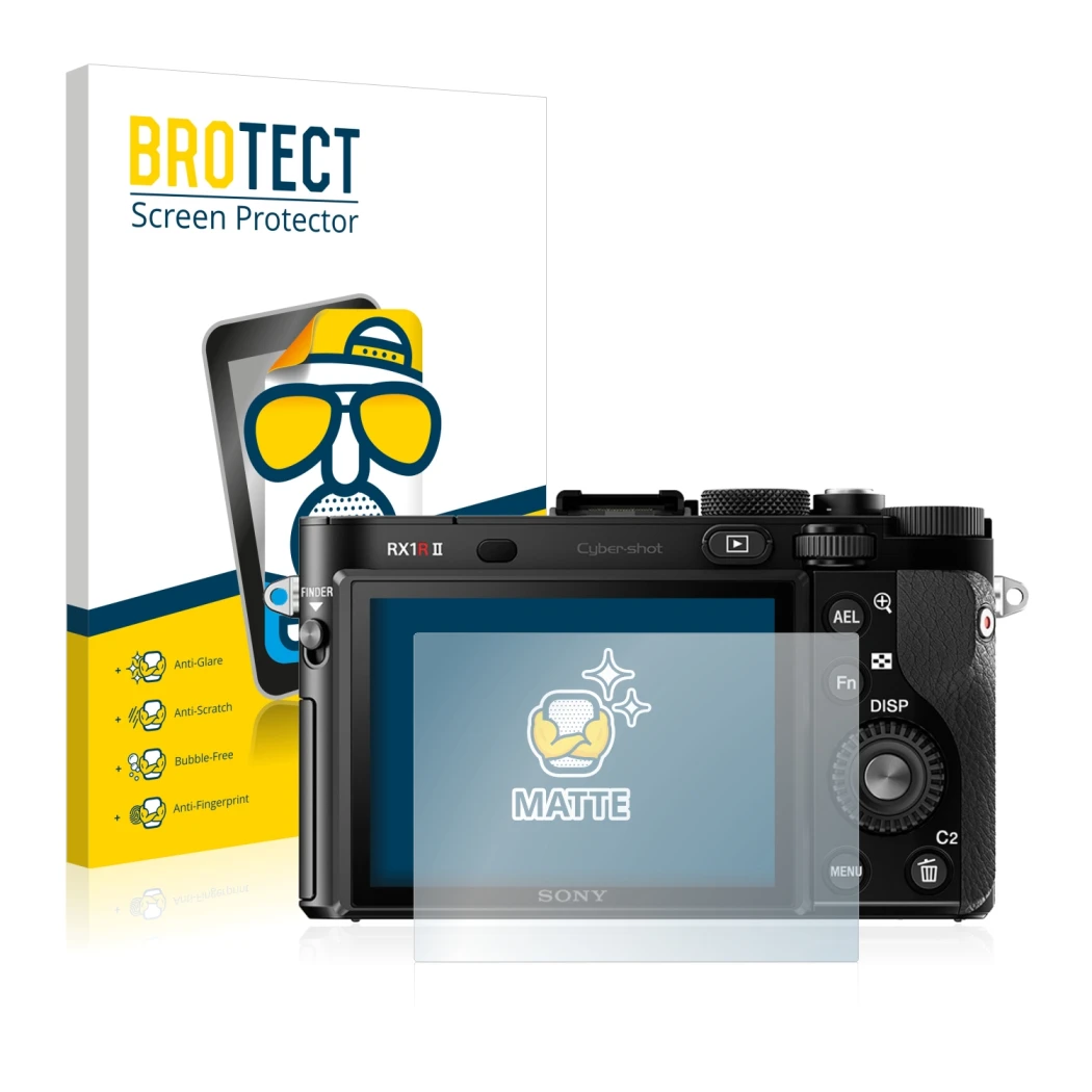 Face avant d’un emballage produit avec le logo de la marque BROTECT. À côté, l’appareil Sony Cyber-Shot DSC-RX1R II est représ