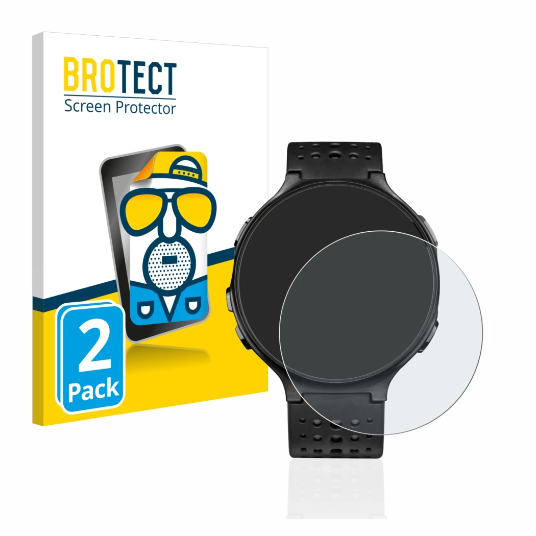 Face avant d’un emballage produit avec le logo de la marque BROTECT. À côté, l’appareil Garmin Forerunner 235 est représenté a