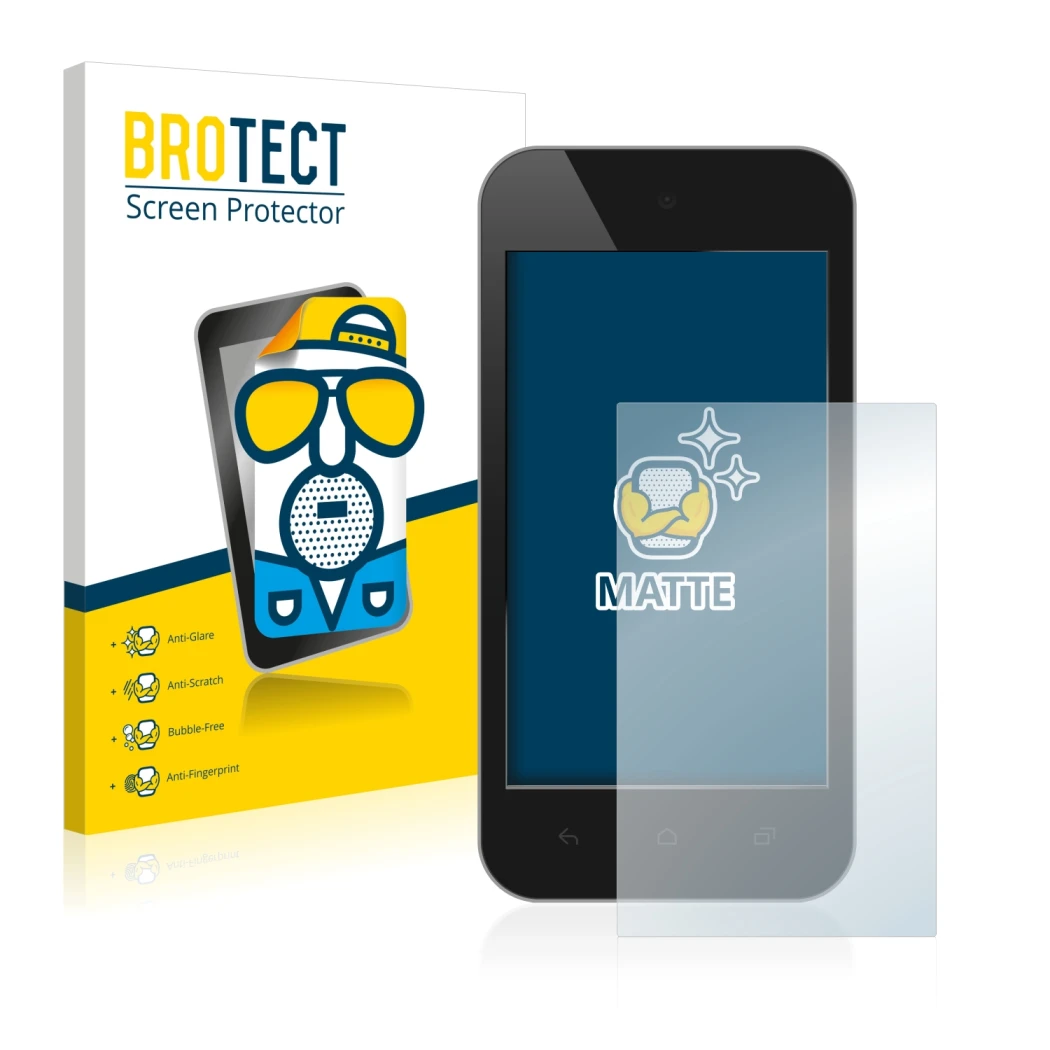 Face avant d’un emballage produit avec le logo de la marque BROTECT. À côté, l’appareil est représenté avec la protection d’éc