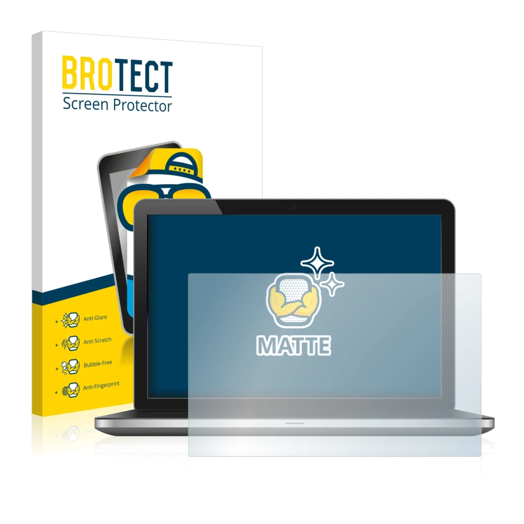 Face avant d’un emballage produit avec le logo de la marque BROTECT. À côté, l’appareil est représenté avec la protection d’éc