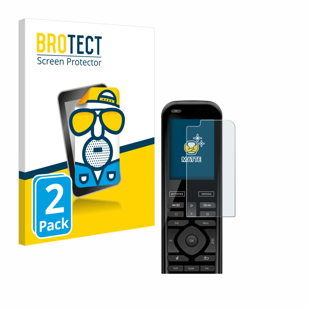 Face avant d’un emballage produit avec le logo de la marque BROTECT. À côté, l’appareil Logitech Harmony 950 est représenté av