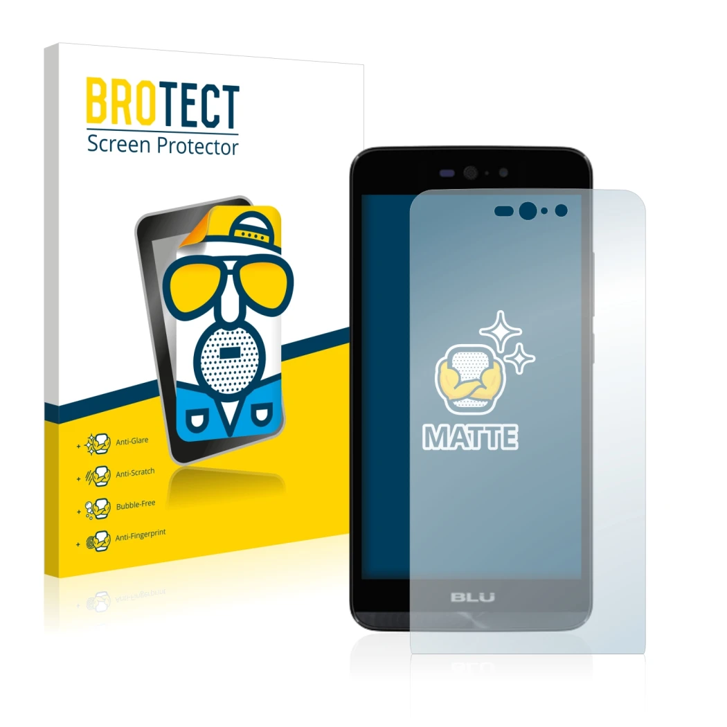 Face avant d’un emballage produit avec le logo de la marque BROTECT. À côté, l’appareil BLU Dash X LTE est représenté avec la