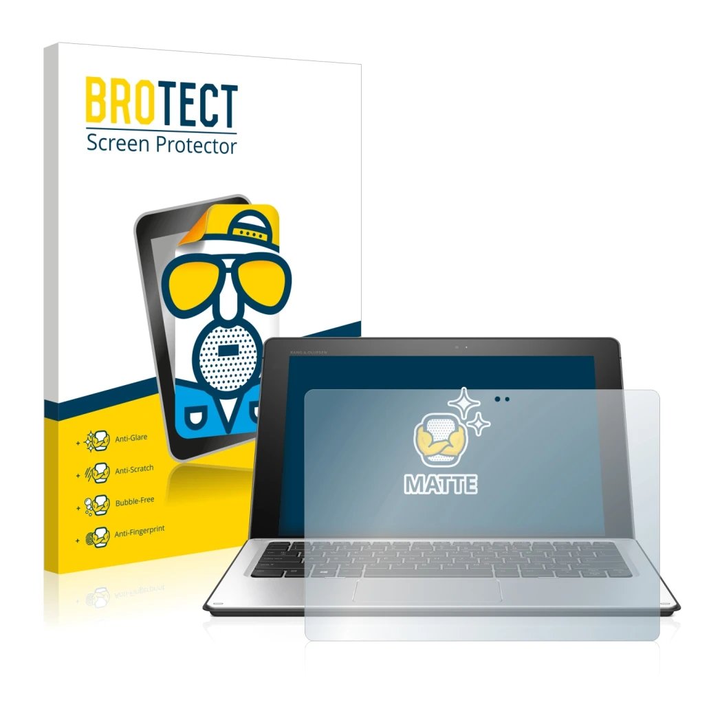 Face avant d’un emballage produit avec le logo de la marque BROTECT. À côté, l’appareil HP Elite x2 1012 G1 est représenté ave