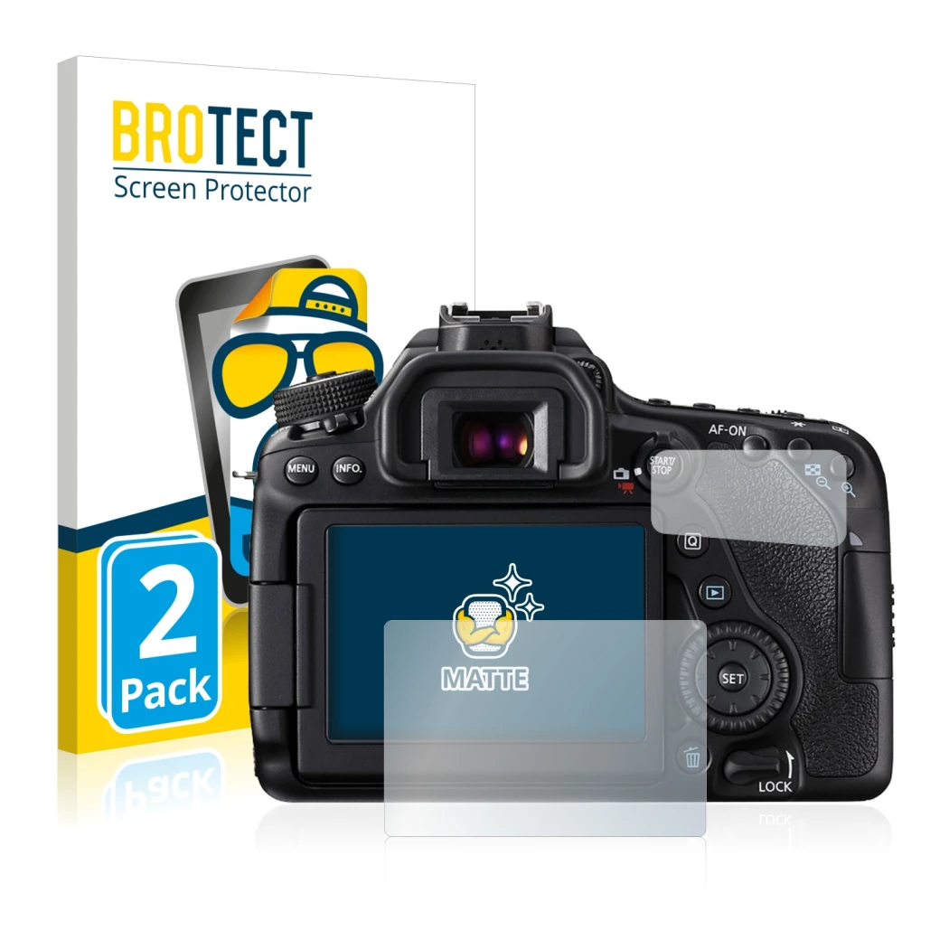 Face avant d’un emballage produit avec le logo de la marque BROTECT. À côté, l’appareil Canon EOS 80D est représenté avec la p