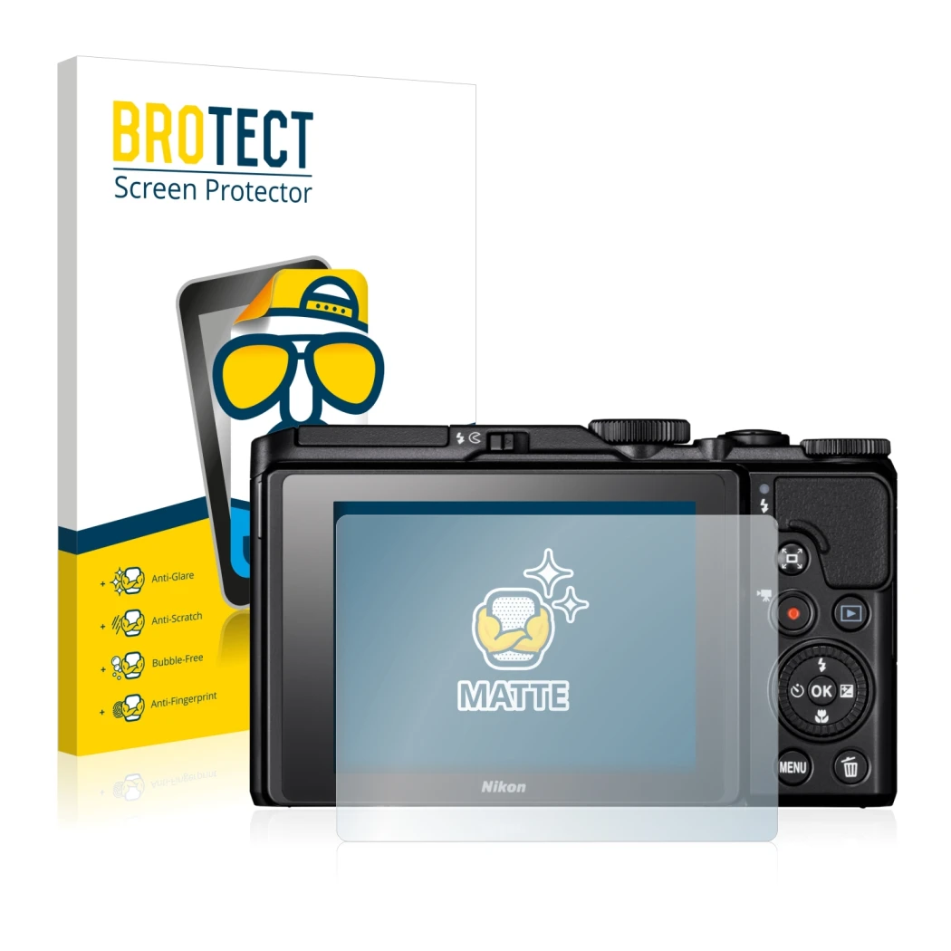Face avant d’un emballage produit avec le logo de la marque BROTECT. À côté, l’appareil Nikon Coolpix A900 est représenté avec