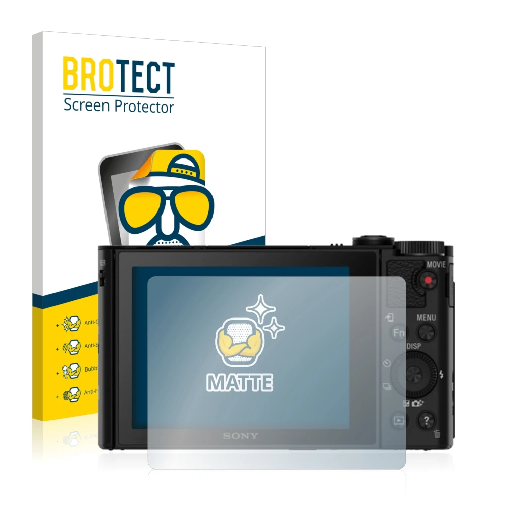 Face avant d’un emballage produit avec le logo de la marque BROTECT. À côté, l’appareil Sony Cyber-Shot DSC-HX80 est représent