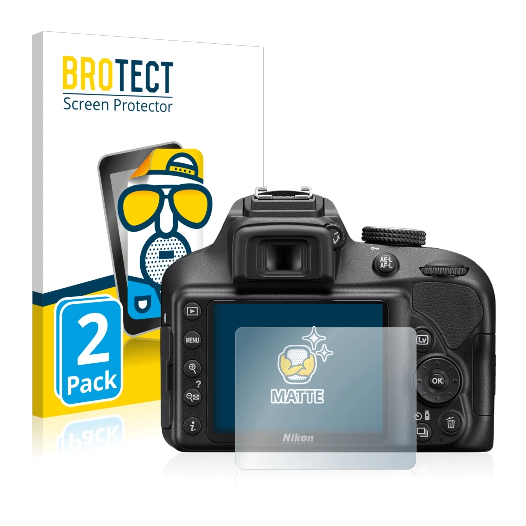 Face avant d’un emballage produit avec le logo de la marque BROTECT. À côté, l’appareil Nikon D3400 est représenté avec la pro