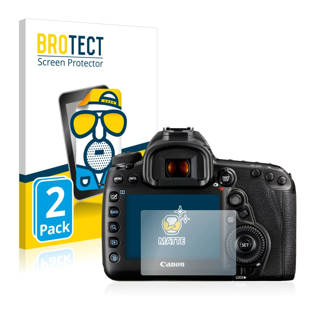 Face avant d’un emballage produit avec le logo de la marque BROTECT. À côté, l’appareil Canon EOS 5D Mark IV est représenté av