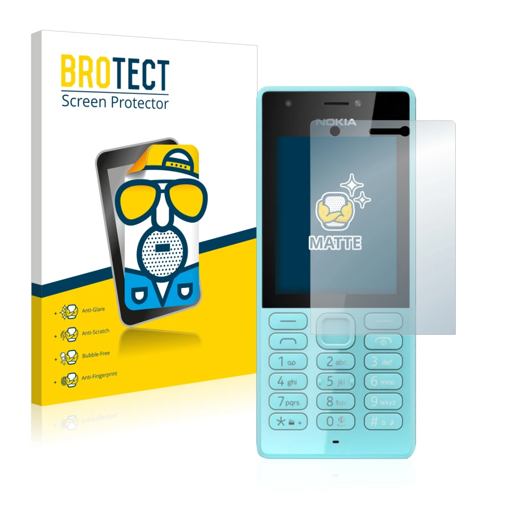 Face avant d’un emballage produit avec le logo de la marque BROTECT. À côté, l’appareil Nokia 216 est représenté avec la prote