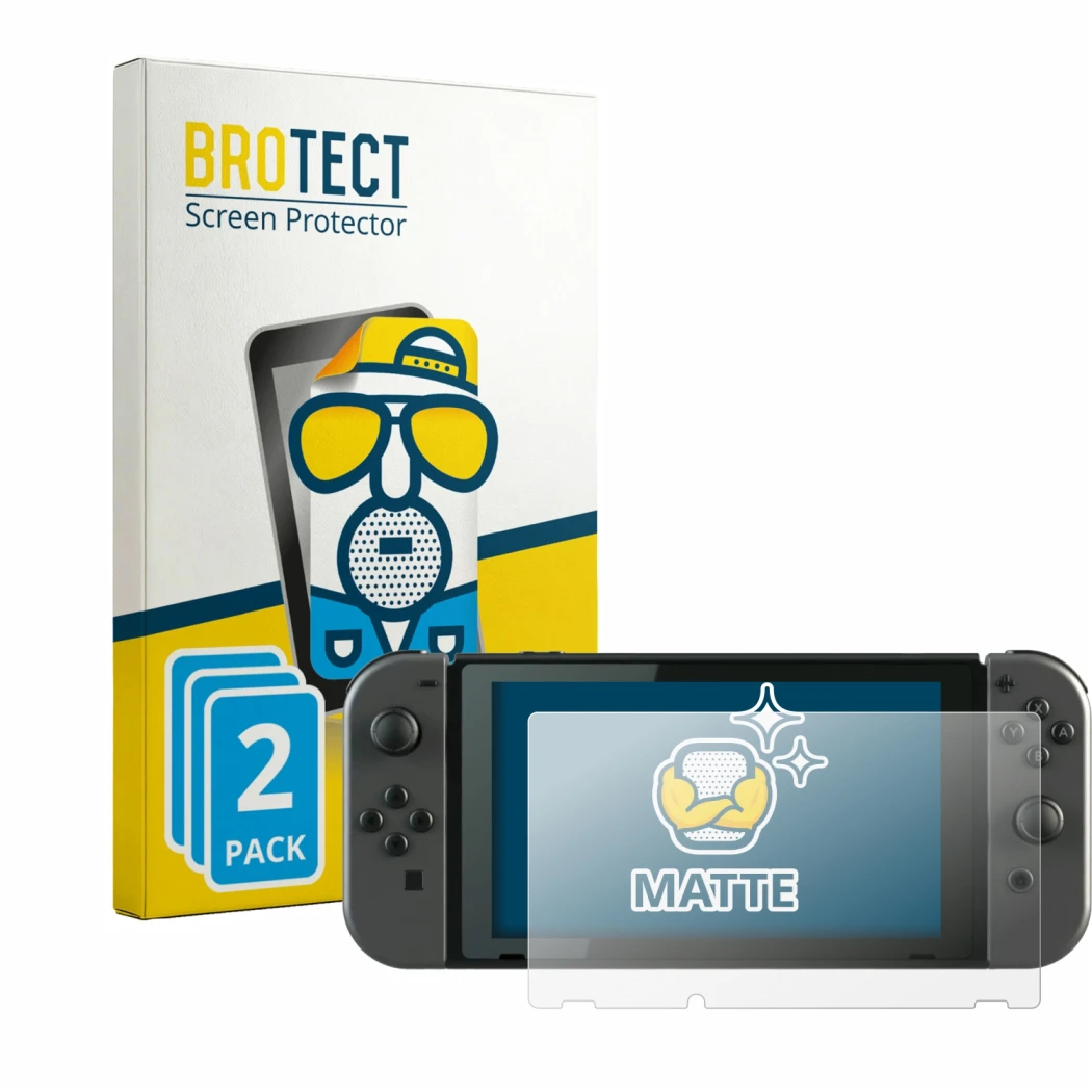 Face avant d’un emballage produit avec le logo de la marque BROTECT. À côté, l’appareil Nintendo Switch est représenté avec la