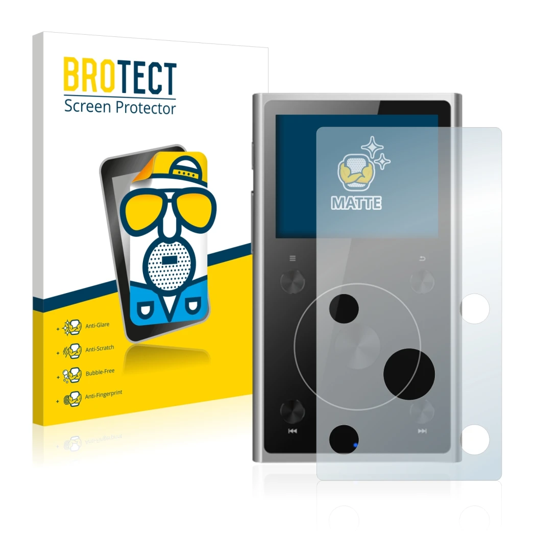 Face avant d’un emballage produit avec le logo de la marque BROTECT. À côté, l’appareil FiiO X1 II est représenté avec la prot