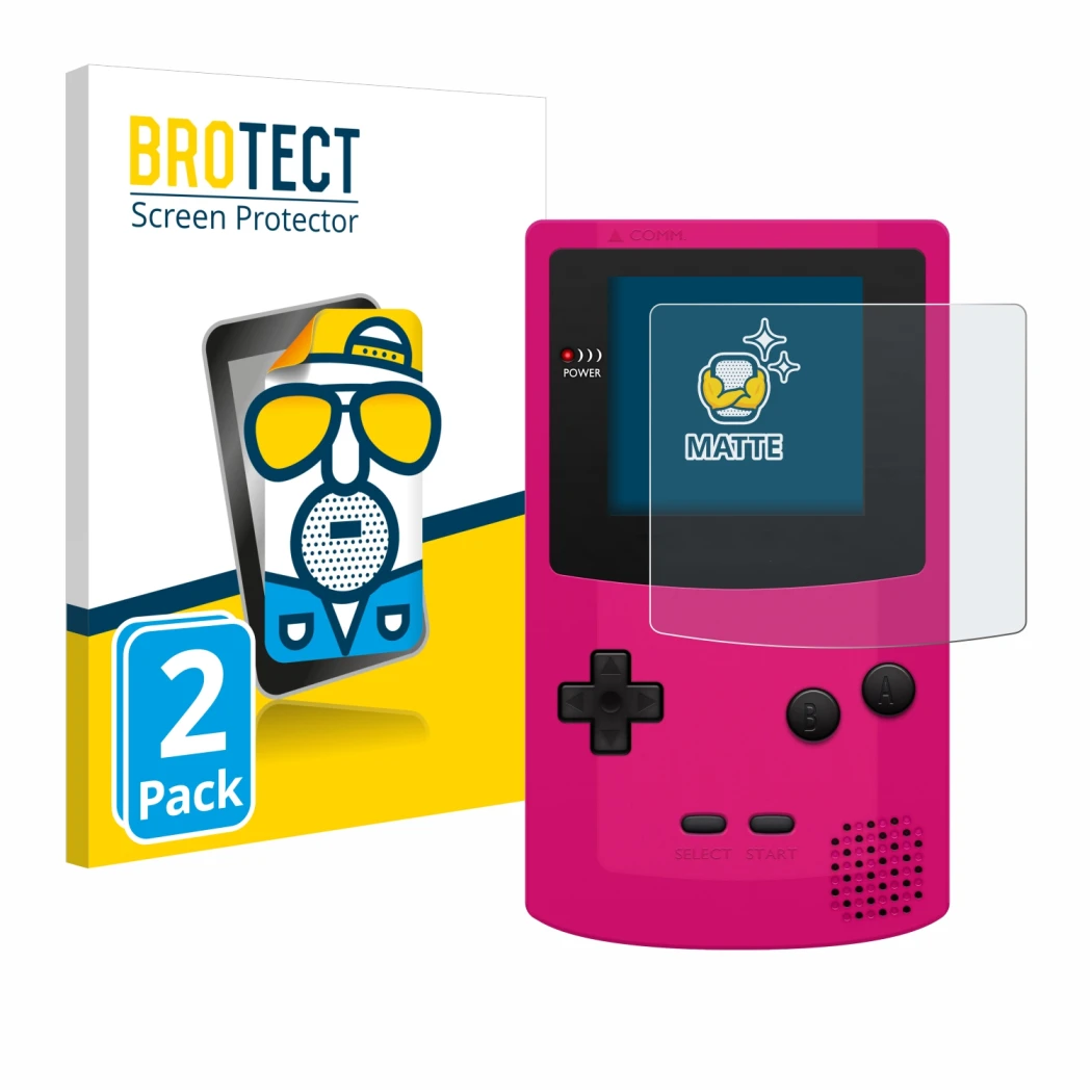 Face avant d’un emballage produit avec le logo de la marque BROTECT. À côté, l’appareil Nintendo Gameboy Color est représenté 