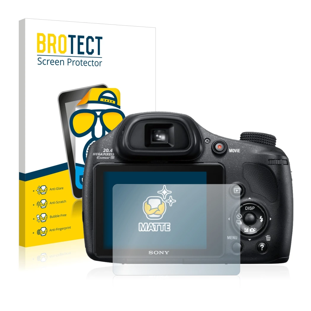 Face avant d’un emballage produit avec le logo de la marque BROTECT. À côté, l’appareil Sony Cyber-Shot DSC-HX350 est représen