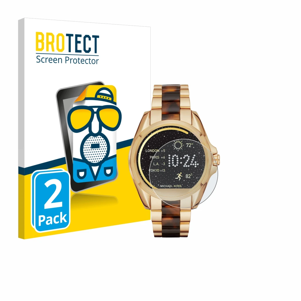 Face avant d’un emballage produit avec le logo de la marque BROTECT. À côté, l’appareil Michael Kors Access Bradshaw est repré