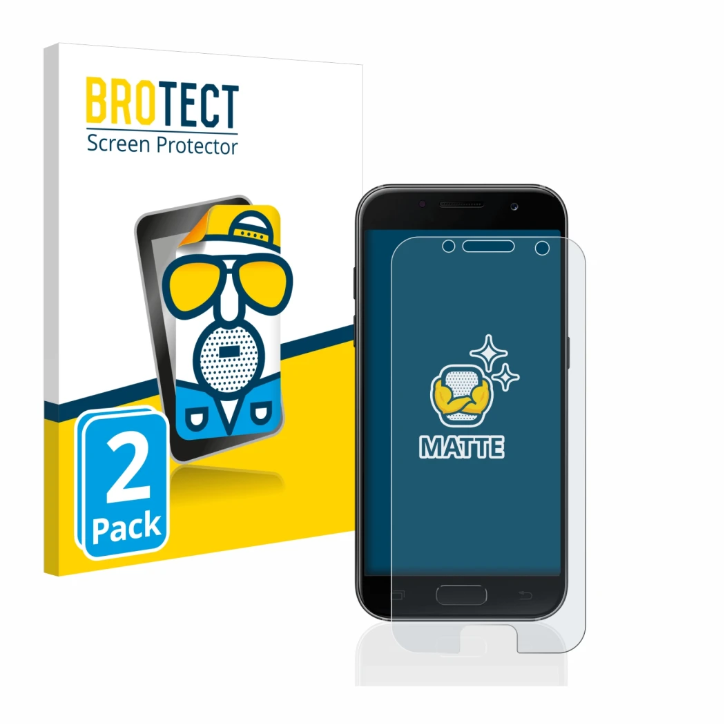 Face avant d’un emballage produit avec le logo de la marque BROTECT. À côté, l’appareil Samsung Galaxy A3 2017 est représenté