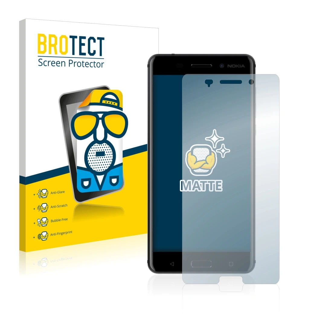 Face avant d’un emballage produit avec le logo de la marque BROTECT. À côté, l’appareil Nokia 6 2017 est représenté avec la pr