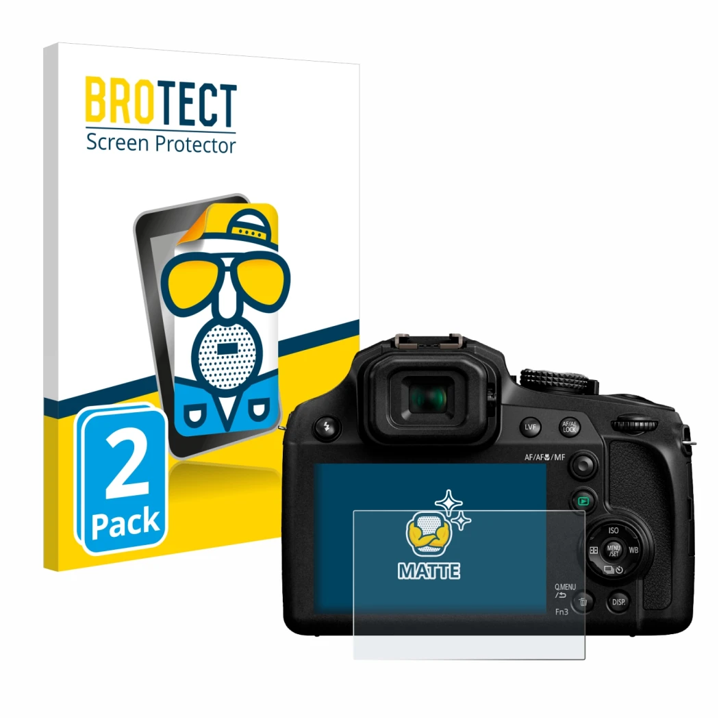 Face avant d’un emballage produit avec le logo de la marque BROTECT. À côté, l’appareil Panasonic Lumix DC-FZ82 est représenté