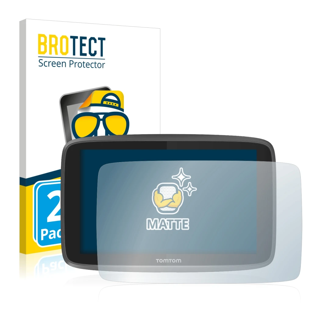 Face avant d’un emballage produit avec le logo de la marque BROTECT. À côté, l’appareil TomTom Go 6200 est représenté avec la