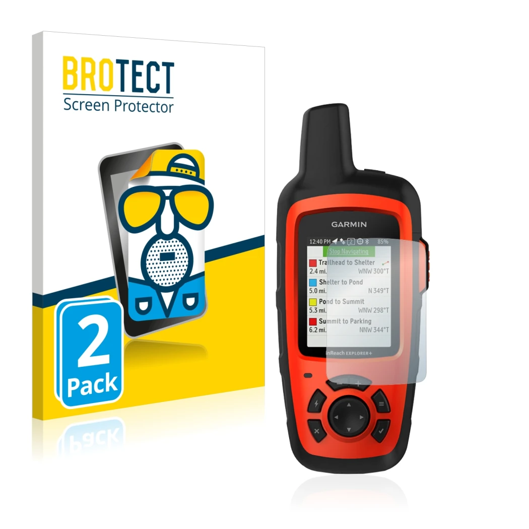Face avant d’un emballage produit avec le logo de la marque BROTECT. À côté, l’appareil Garmin inReach Explorer+ est représent
