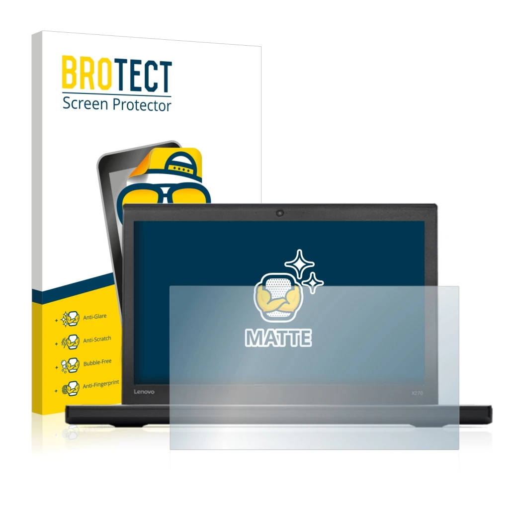 Face avant d’un emballage produit avec le logo de la marque BROTECT. À côté, l’appareil Lenovo ThinkPad X270 est représenté av