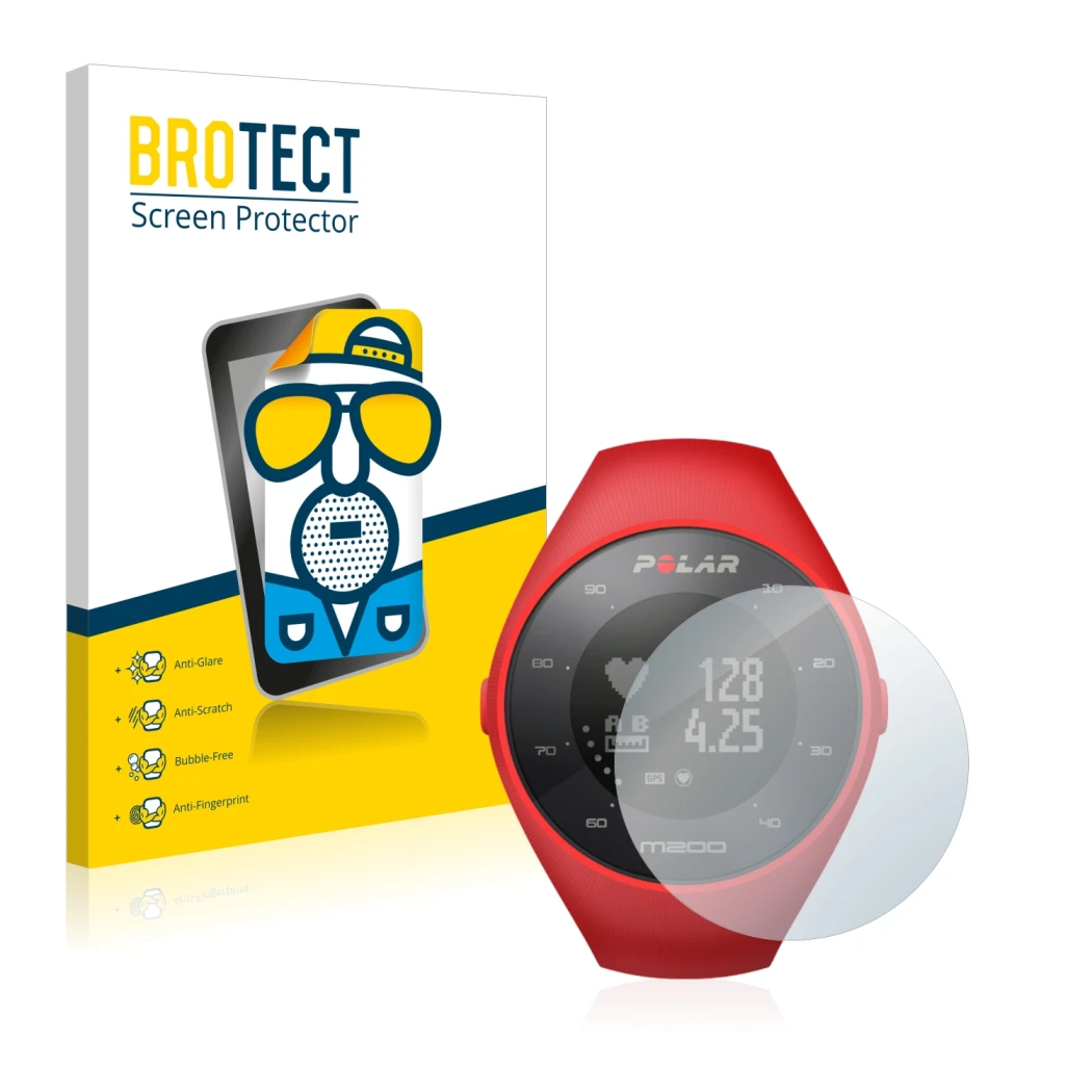 Face avant d’un emballage produit avec le logo de la marque BROTECT. À côté, l’appareil Polar M200 est représenté avec la prot
