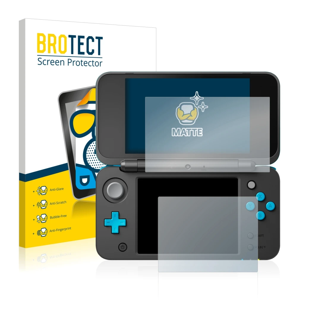 Face avant d’un emballage produit avec le logo de la marque BROTECT. À côté, l’appareil Nintendo 2DS XL est représenté avec la