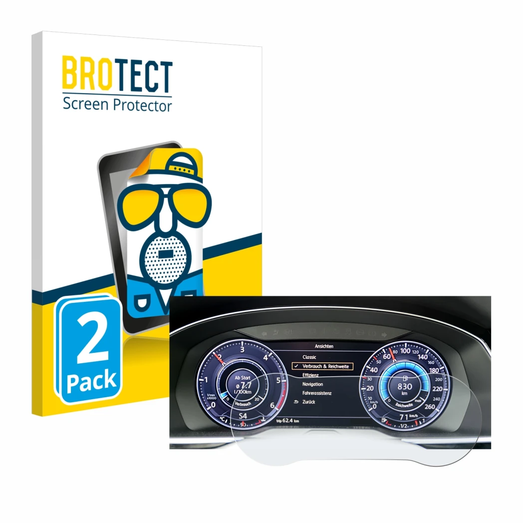 Face avant d’un emballage produit avec le logo de la marque BROTECT. À côté, l’appareil Volkswagen Tiguan 2017 Active Info Coc