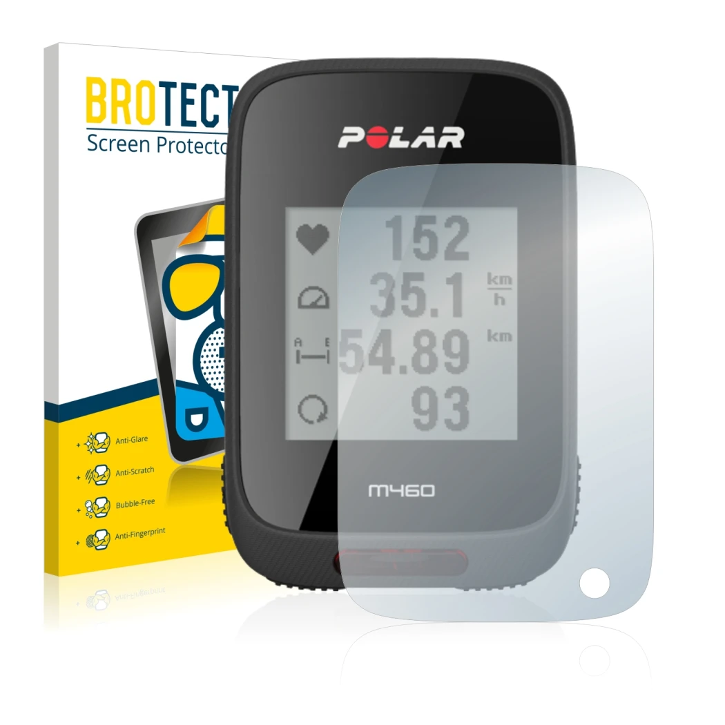 Face avant d’un emballage produit avec le logo de la marque BROTECT. À côté, l’appareil Polar M460 est représenté avec la prot