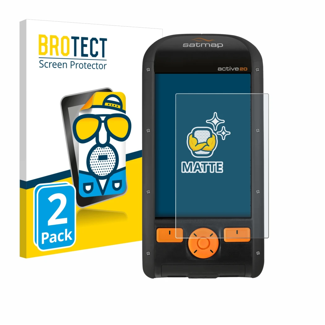 Face avant d’un emballage produit avec le logo de la marque BROTECT. À côté, l’appareil Satmap Active 20 est représenté avec l