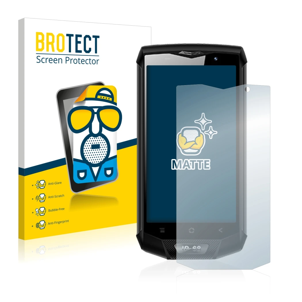 Face avant d’un emballage produit avec le logo de la marque BROTECT. À côté, l’appareil Blackview BV8000 Pro est représenté av