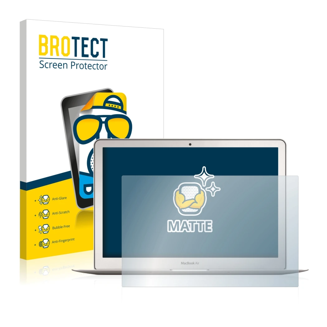 Face avant d’un emballage produit avec le logo de la marque BROTECT. À côté, l’appareil Apple MacBook Air 13