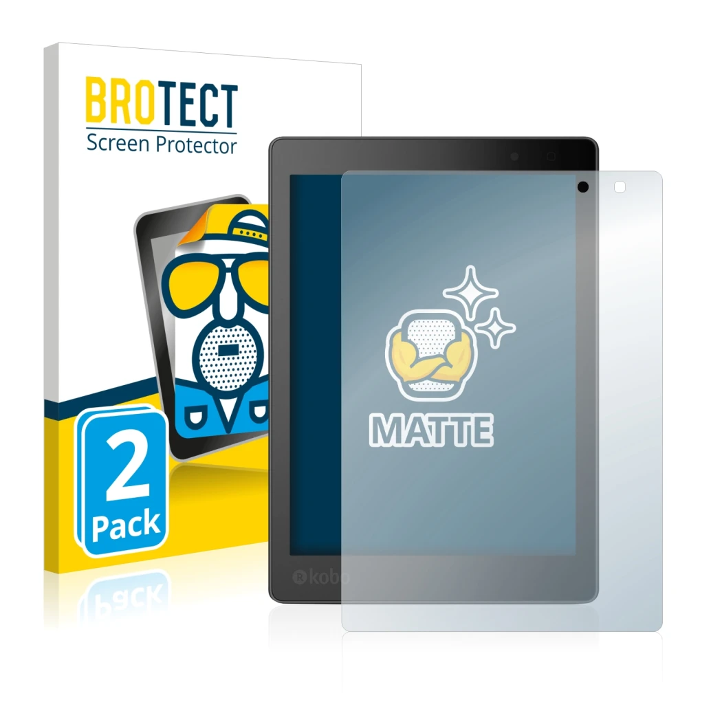 Face avant d’un emballage produit avec le logo de la marque BROTECT. À côté, l’appareil Kobo Aura One est représenté avec la p