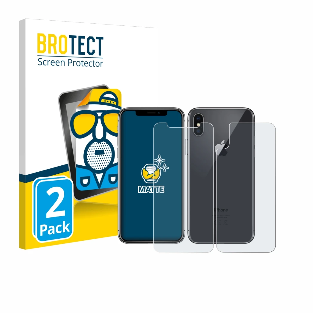 Face avant d’un emballage produit avec le logo de la marque BROTECT. À côté, l’appareil Apple iPhone X (Avant+Arrière) est rep