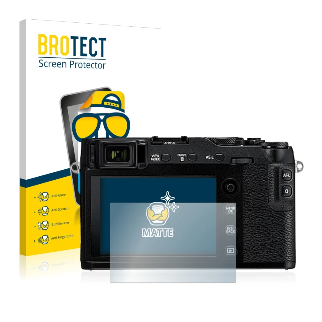 Face avant d’un emballage produit avec le logo de la marque BROTECT. À côté, l’appareil Fujifilm X-E3 est représenté avec la p