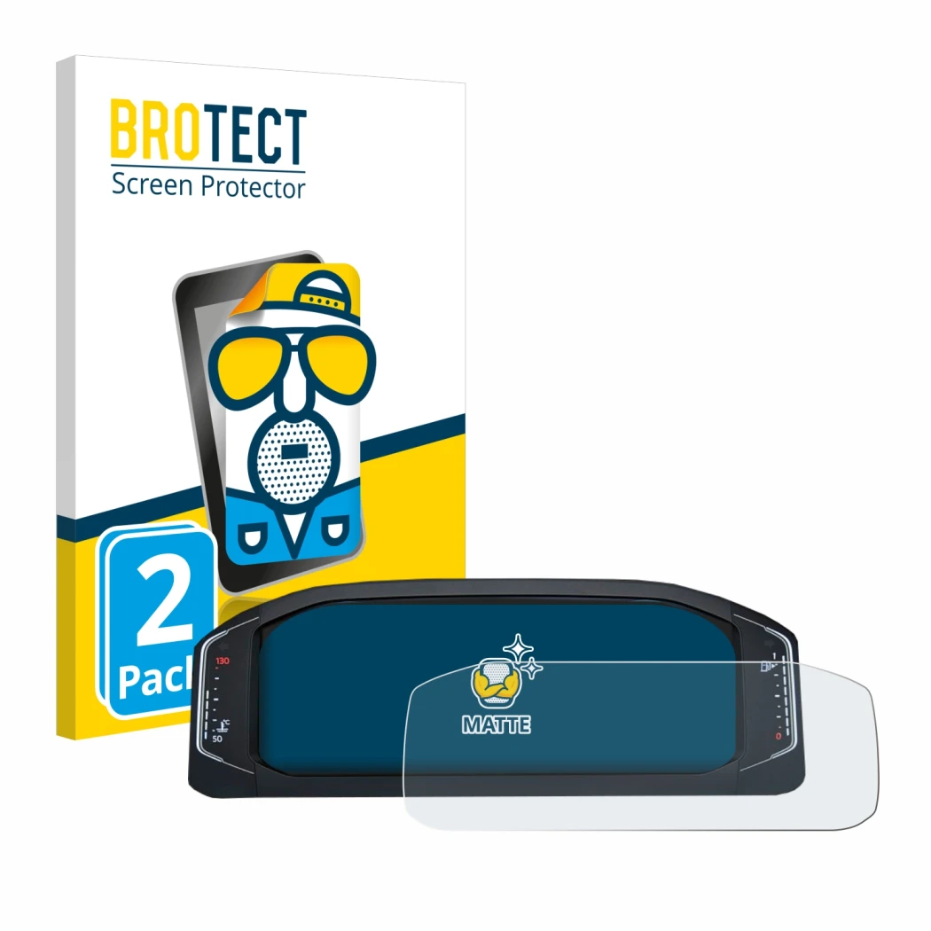 Face avant d’un emballage produit avec le logo de la marque BROTECT. À côté, l’appareil Volkswagen Active Info Display T-Roc e