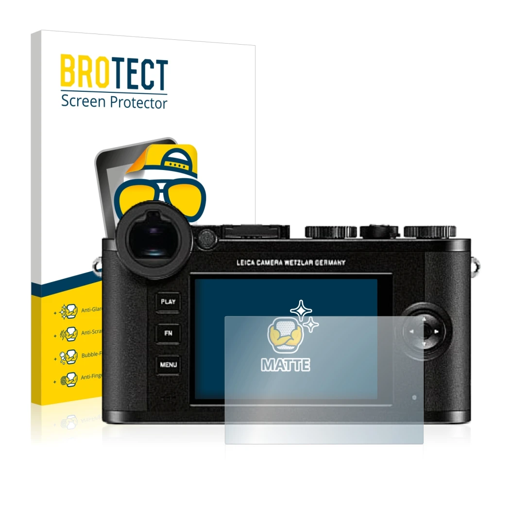 Face avant d’un emballage produit avec le logo de la marque BROTECT. À côté, l’appareil Leica CL est représenté avec la protec