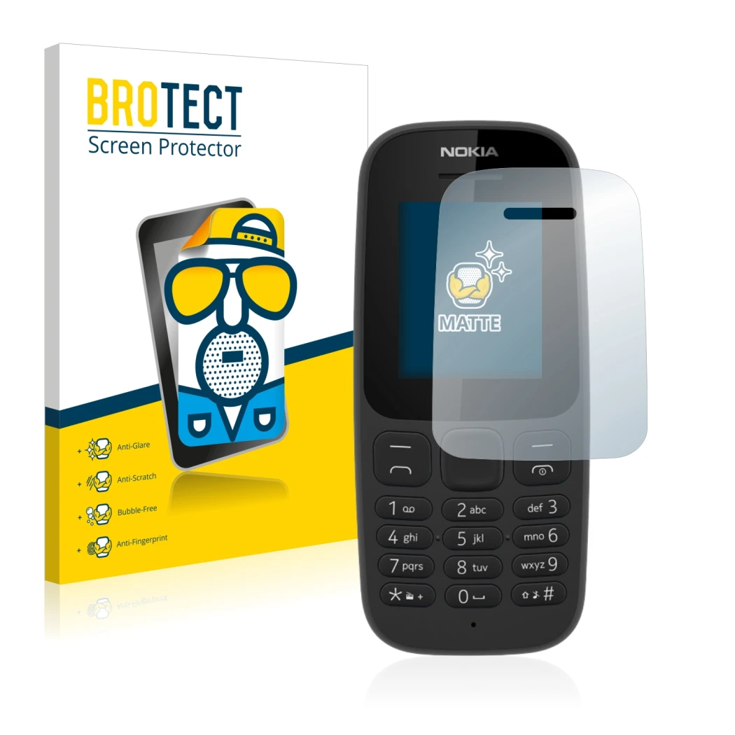 Face avant d’un emballage produit avec le logo de la marque BROTECT. À côté, l’appareil Nokia 105 2017 est représenté avec la