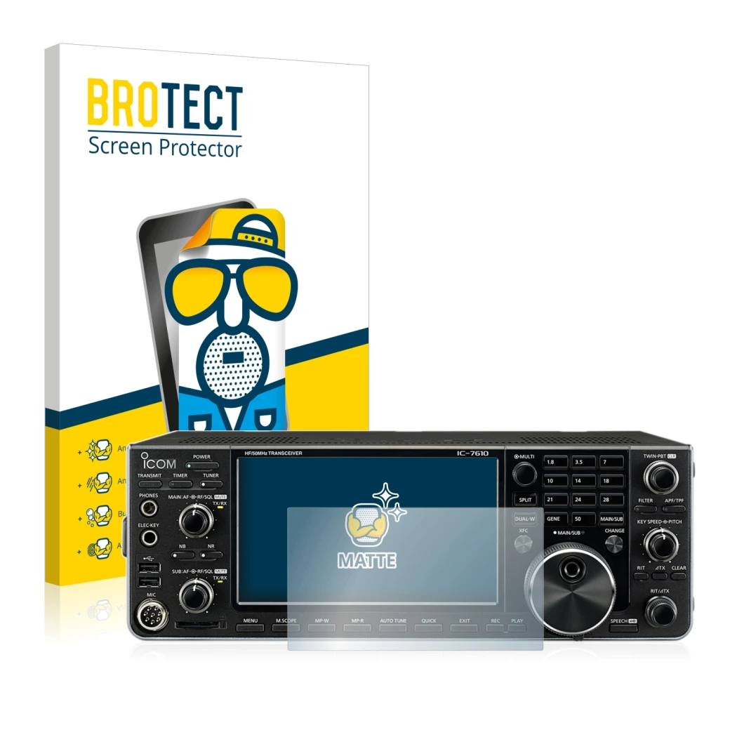 Face avant d’un emballage produit avec le logo de la marque BROTECT. À côté, l’appareil Icom IC-7610 est représenté avec la pr