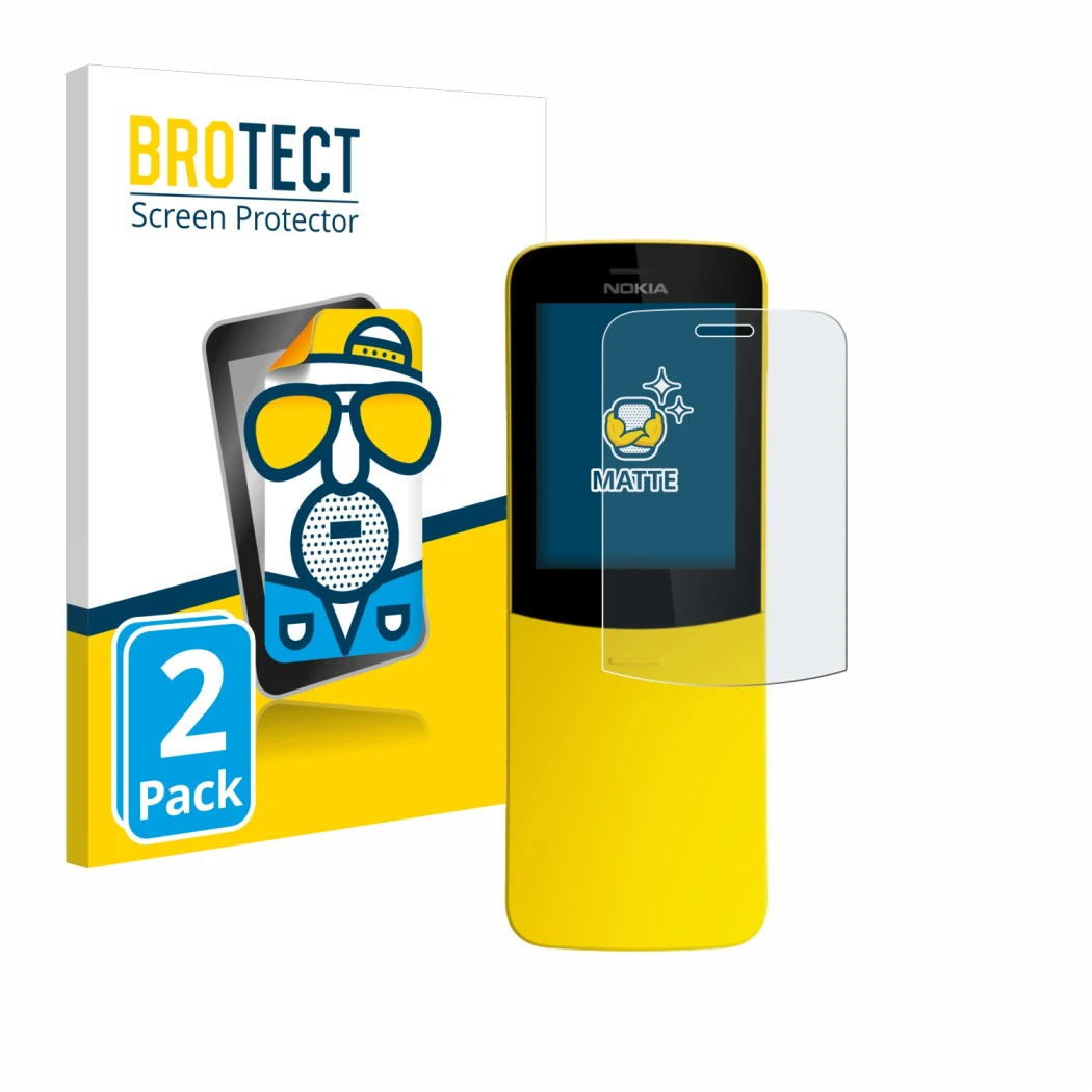 Face avant d’un emballage produit avec le logo de la marque BROTECT. À côté, l’appareil Nokia 8110 est représenté avec la prot