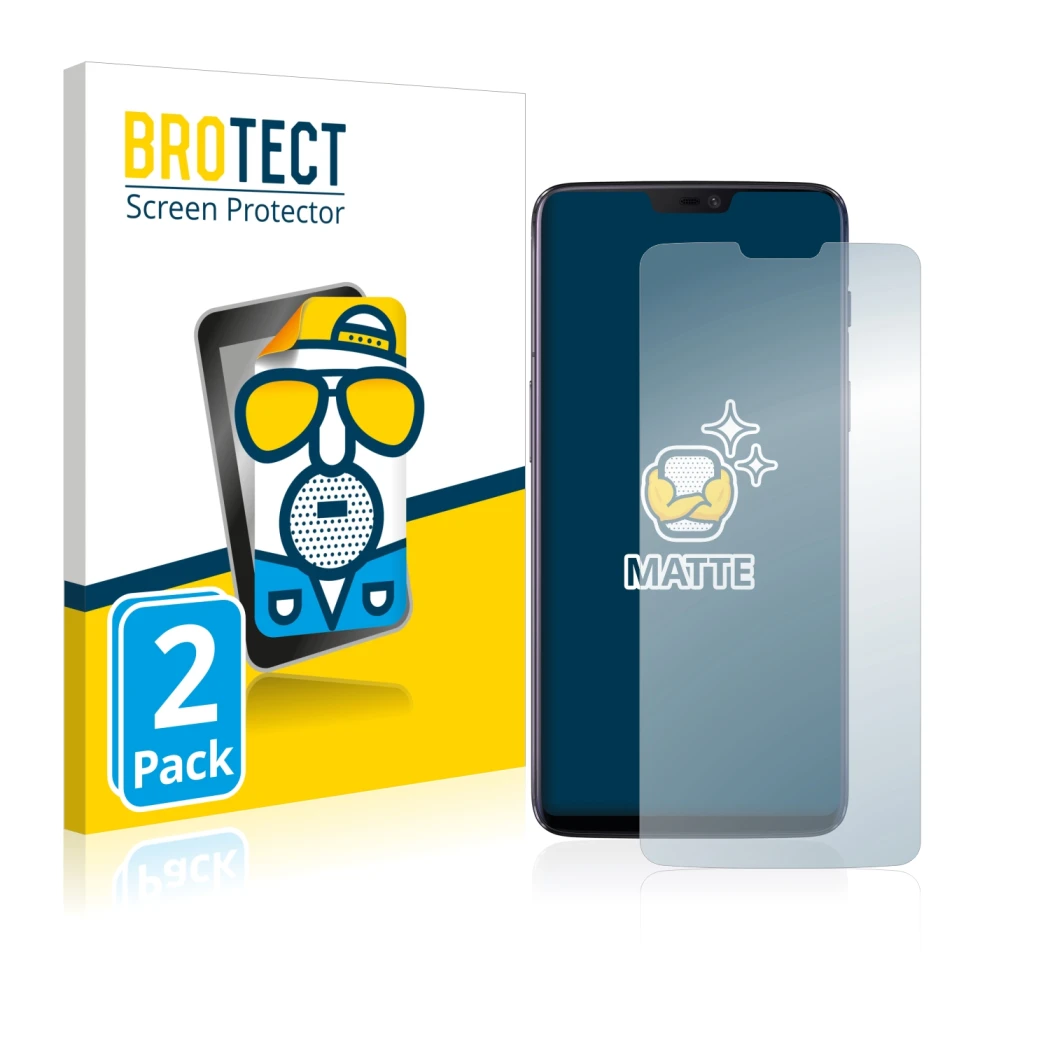 Face avant d’un emballage produit avec le logo de la marque BROTECT. À côté, l’appareil OnePlus 6 est représenté avec la prote